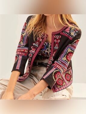 By ANTHROPOLOGIE Abstract Beaded and Embroidered Open Front Jacket - XS